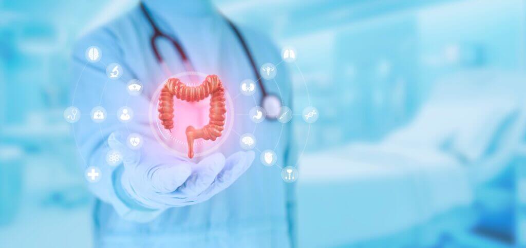 Gastroenterologist examines large intestine. Concept of colorectal cancer, treatment and good health. Surgeon isolated on light blue background